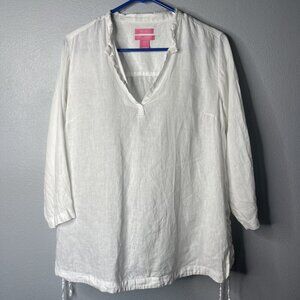 Isaac Mizrahi Women White 100% Linen 3/4 Sleeve Tunic Top Blouse Side Ties SZ M